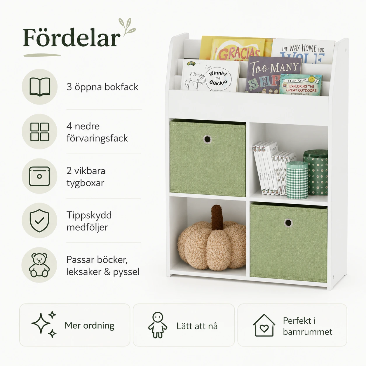Barnbokhylla med förvaring och tygboxar