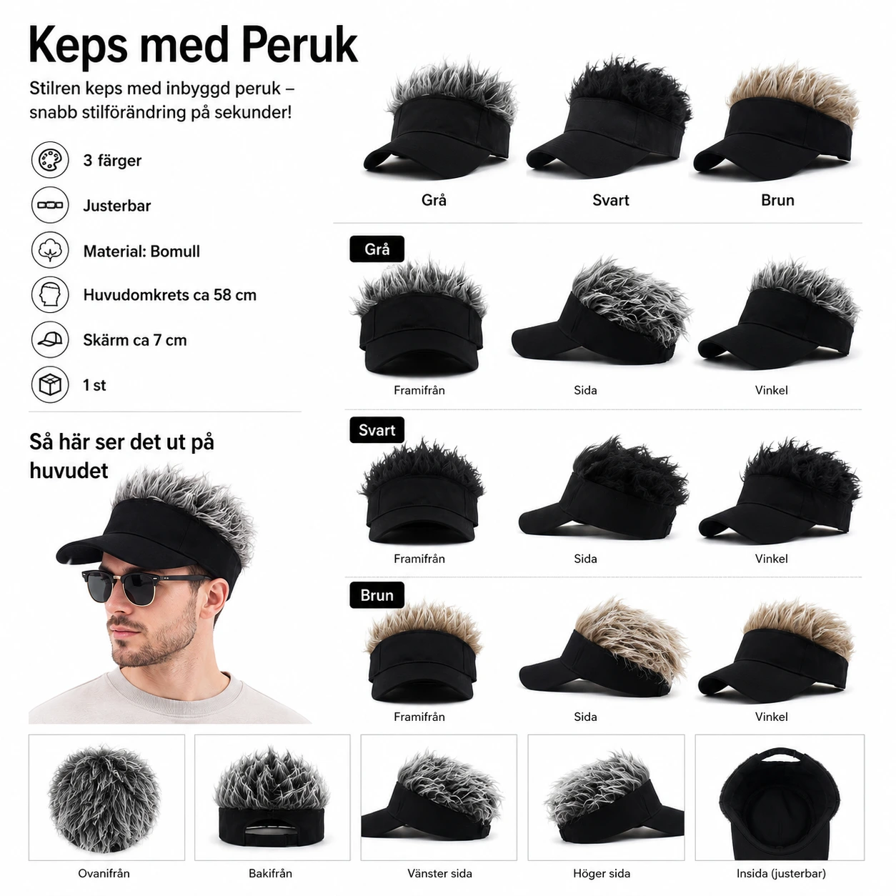 Keps med Peruk – Solskärm med Spretigt Hår