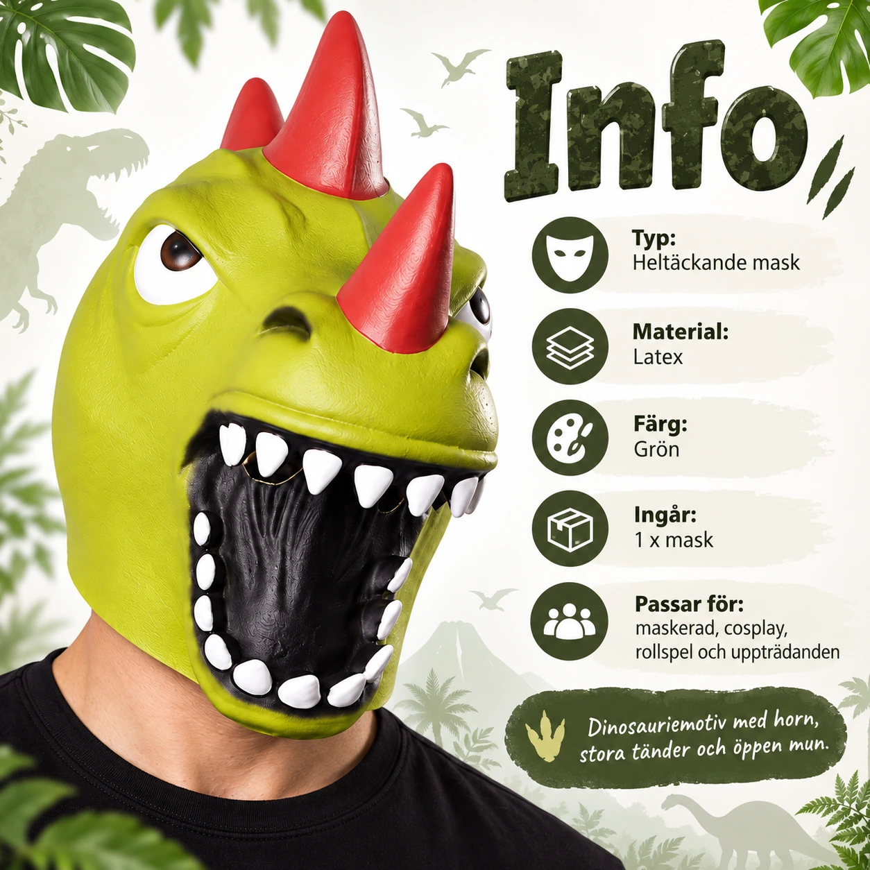 Heldekkende dinosaurmaske i lateks