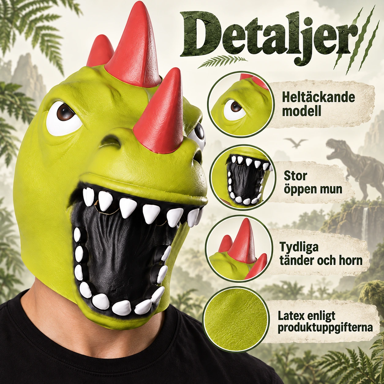 Heldekkende dinosaurmaske i lateks