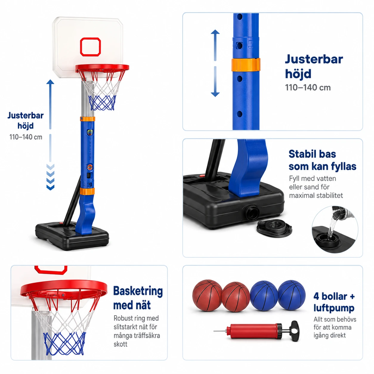 Basketkorg för barn med stativ och 4 bollar