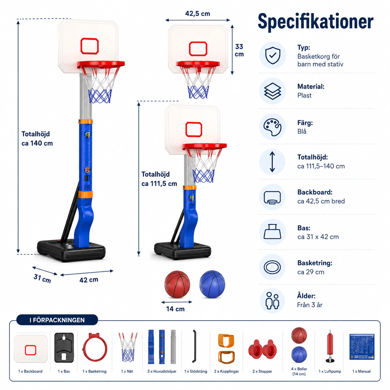 Basketkorg för barn med stativ och 4 bollar