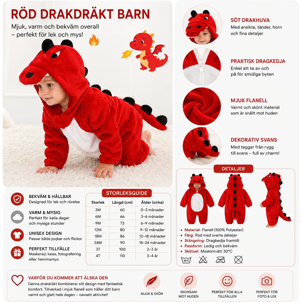 Drakdräkt Röd Barn – Mjuk Flanelloverall med Huva & Svans