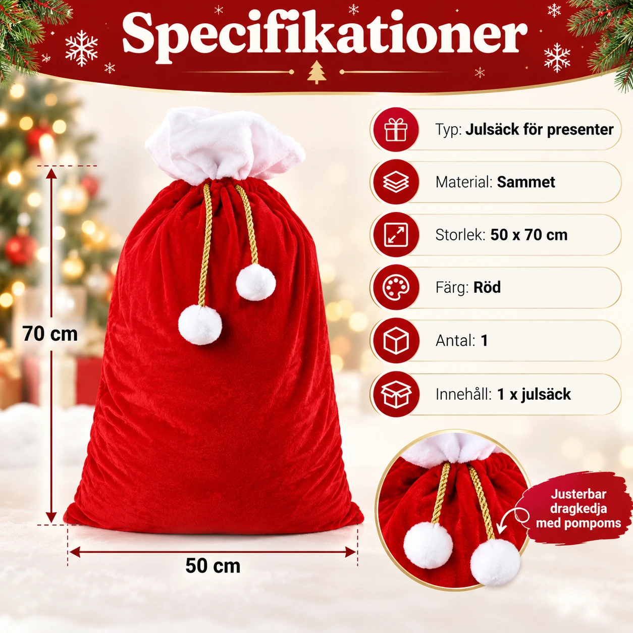 Julsäck för presenter i röd sammet 50 x 70 cm