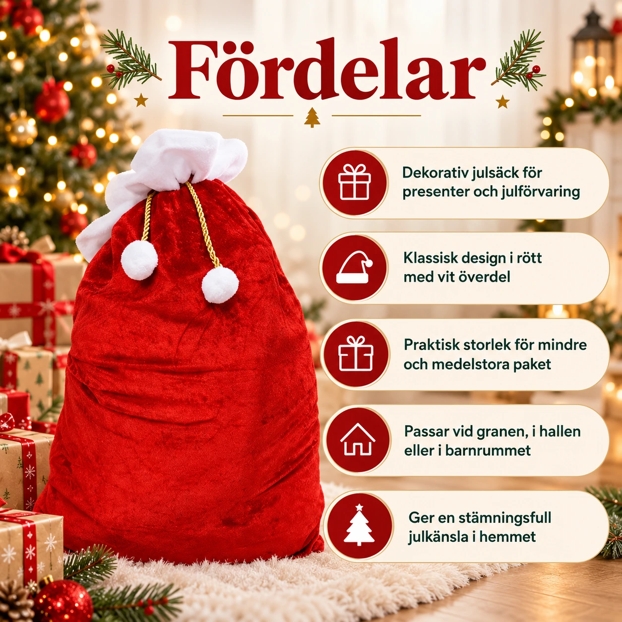 Julsäck för presenter i röd sammet 50 x 70 cm