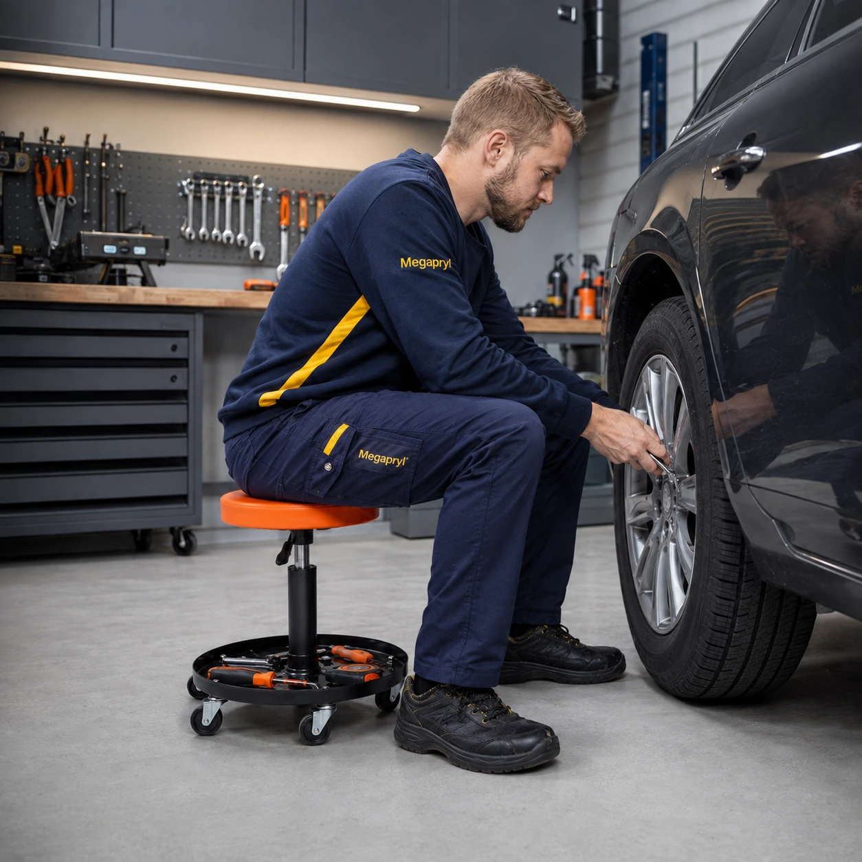 Rullaava verstasjakkara autotalliin korkeussäädöllä ja työkalualustalla