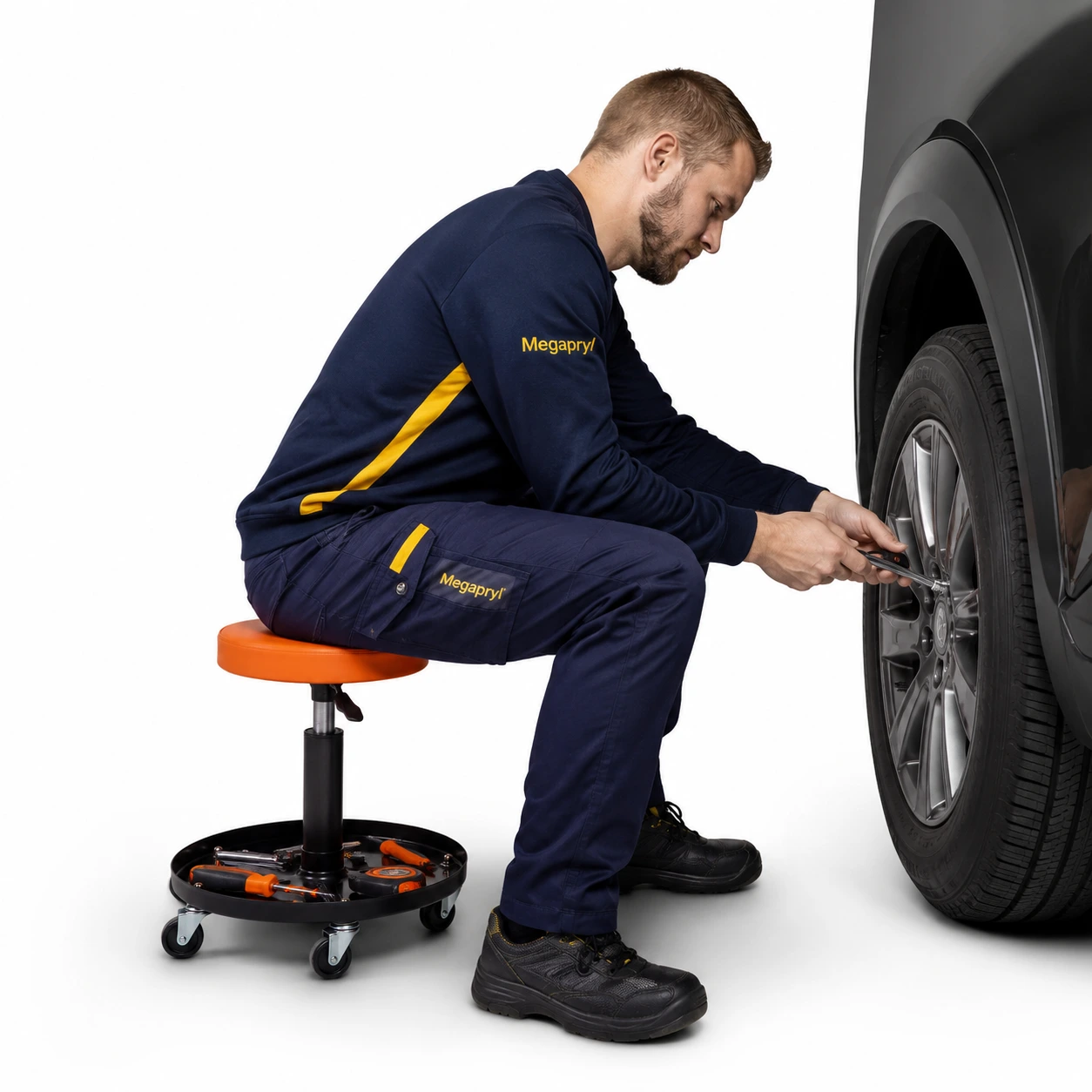 Rullaava verstasjakkara autotalliin korkeussäädöllä ja työkalualustalla