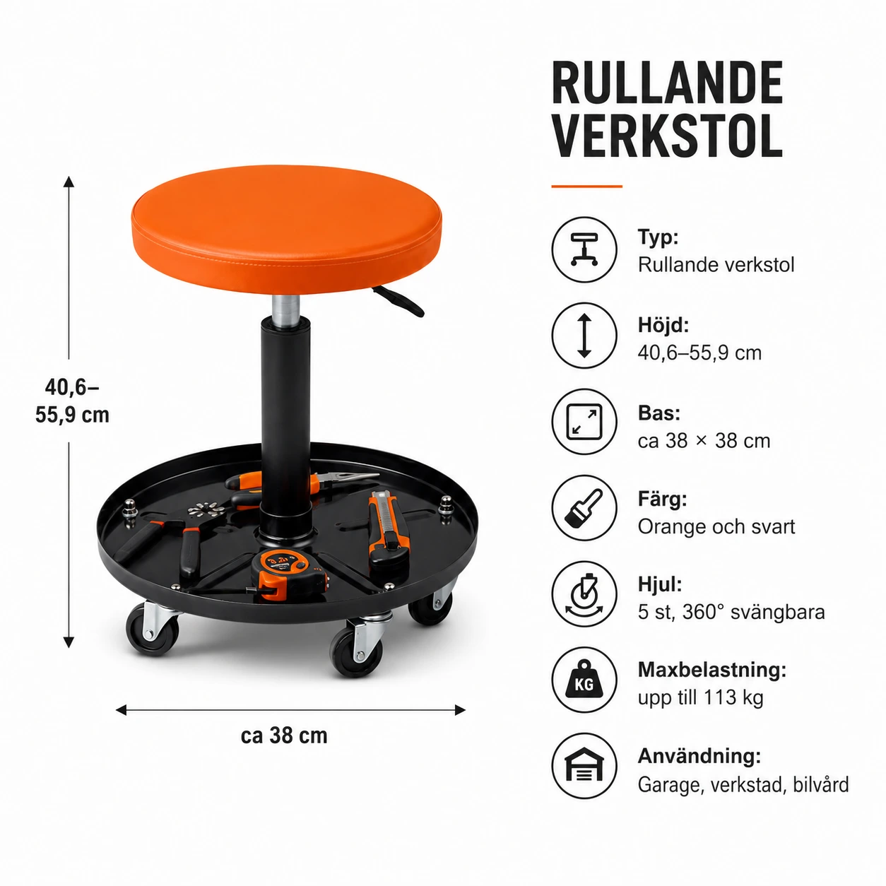 Rullande verkstol för garage med höjdjustering och verktygsbricka