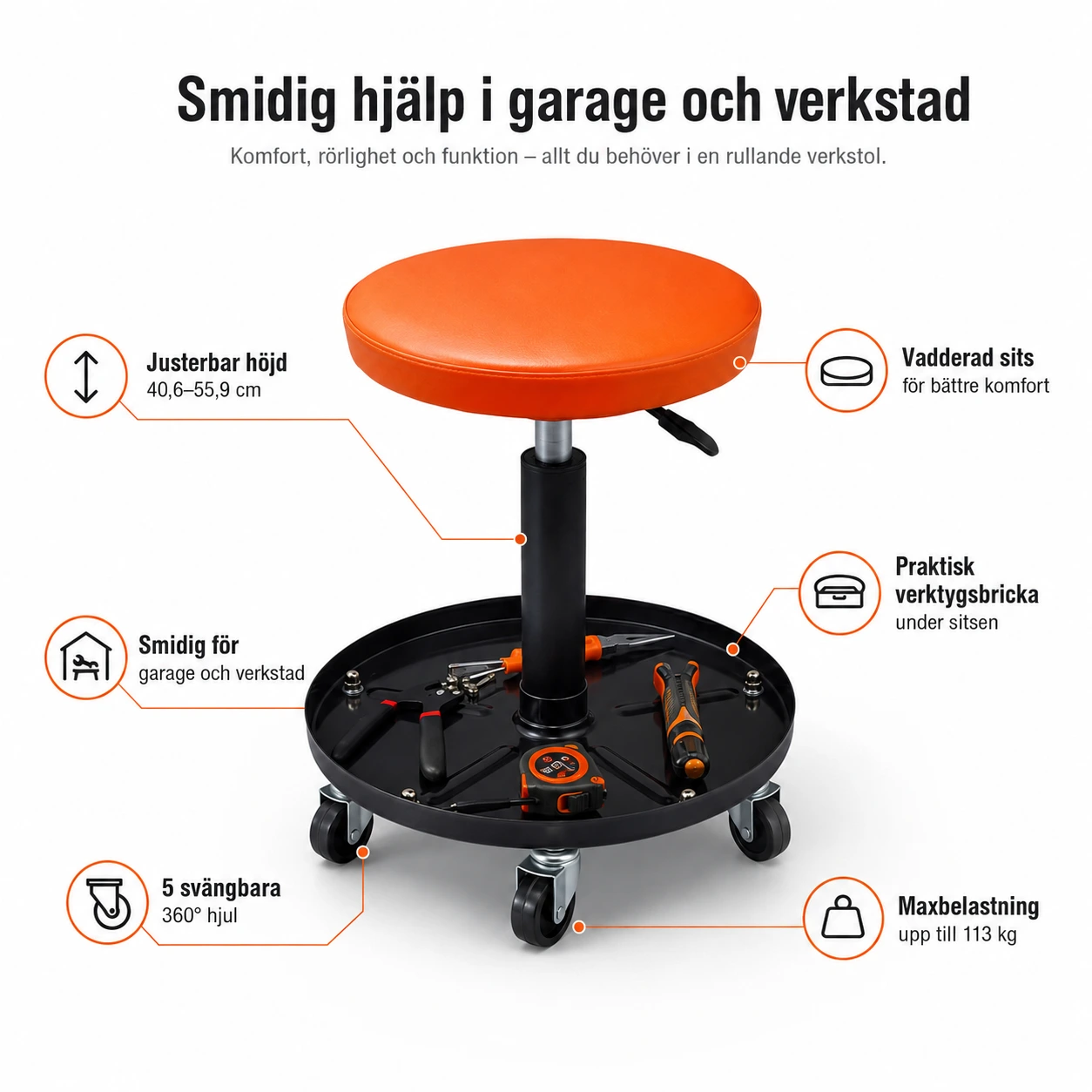 Rullaava verstasjakkara autotalliin korkeussäädöllä ja työkalualustalla