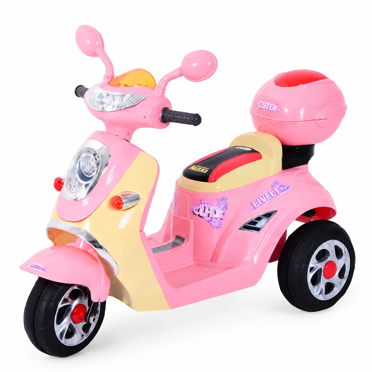 Elscooter för barn med 3 hjul och förvaringsbox rosa