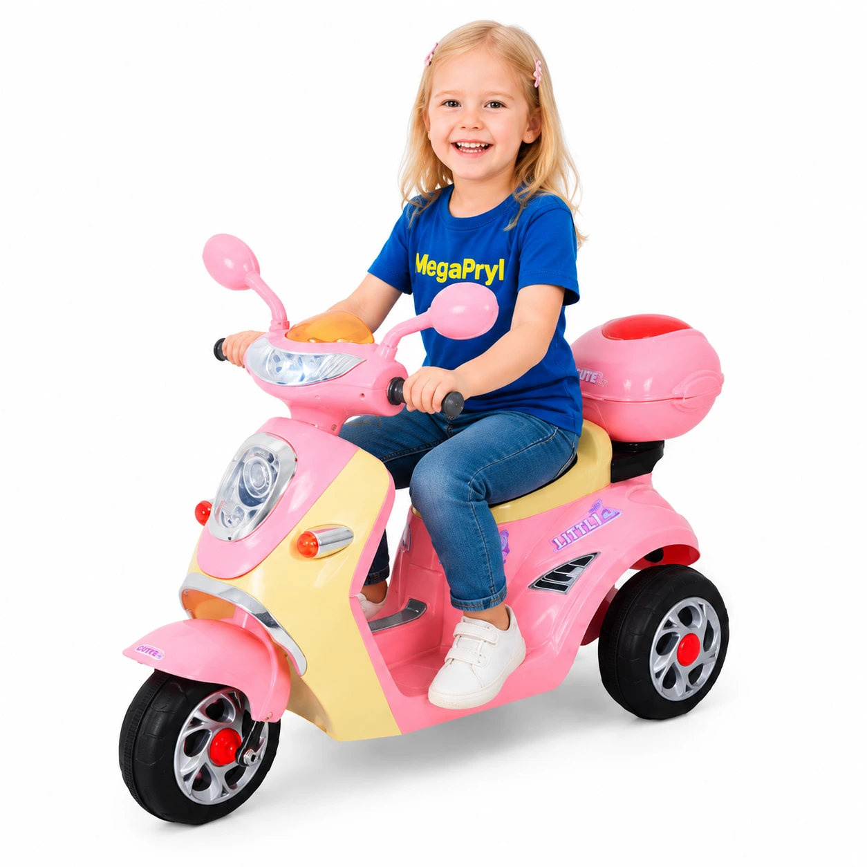 Elscooter för barn med 3 hjul och förvaringsbox rosa