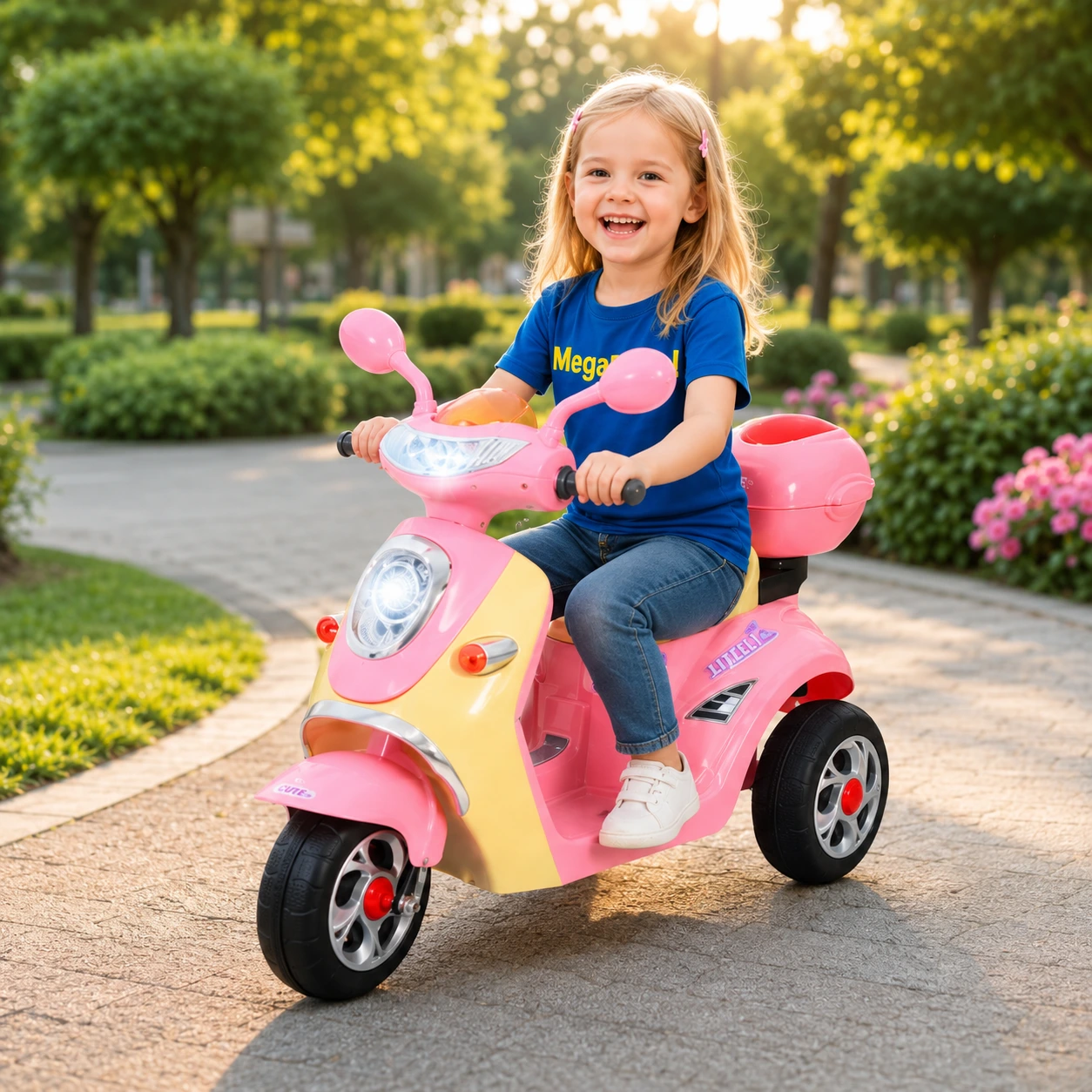 Elscooter för barn med 3 hjul och förvaringsbox rosa