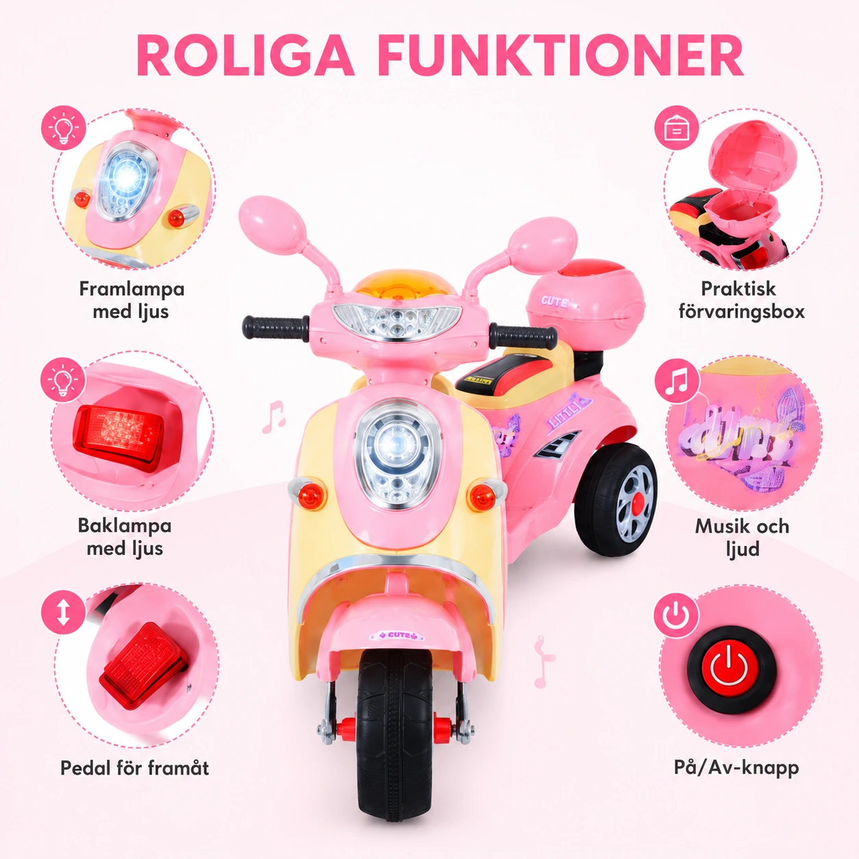 Elscooter för barn med 3 hjul och förvaringsbox rosa