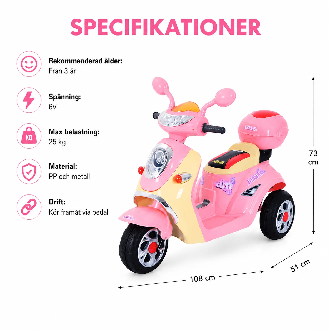 Elscooter för barn med 3 hjul och förvaringsbox rosa