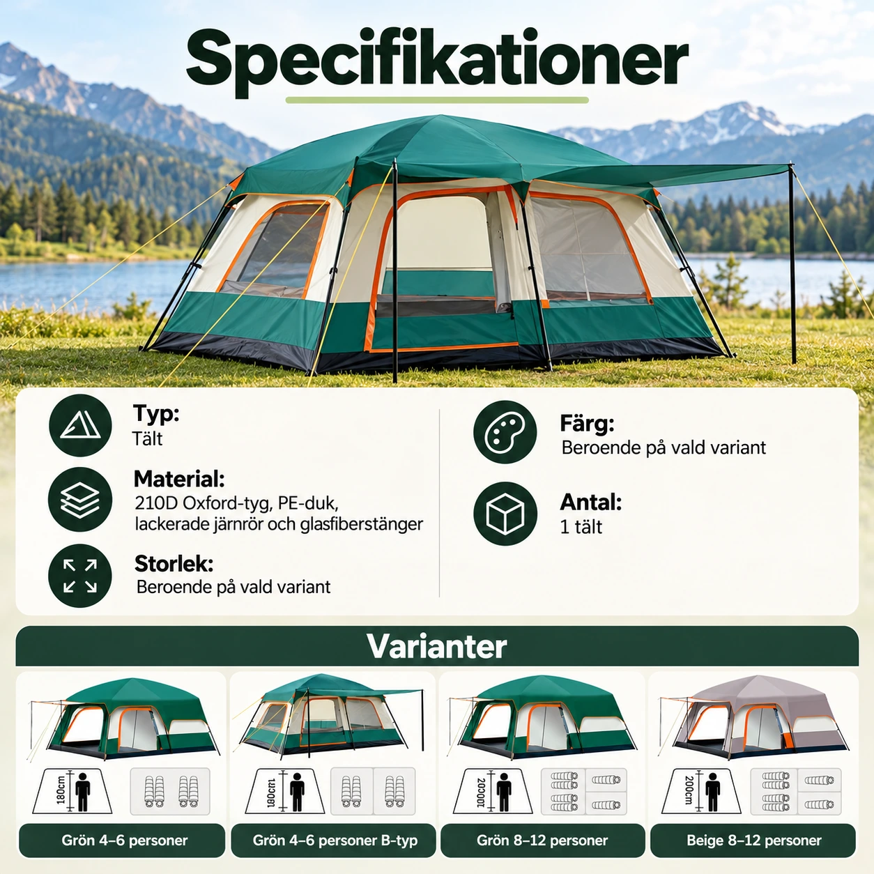 Familjetält för camping och utflykt