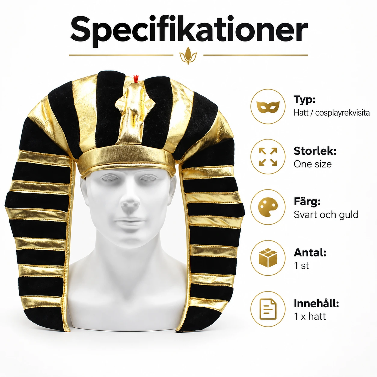 Egyptisk Farao Huvudbonad i Guld och Svart