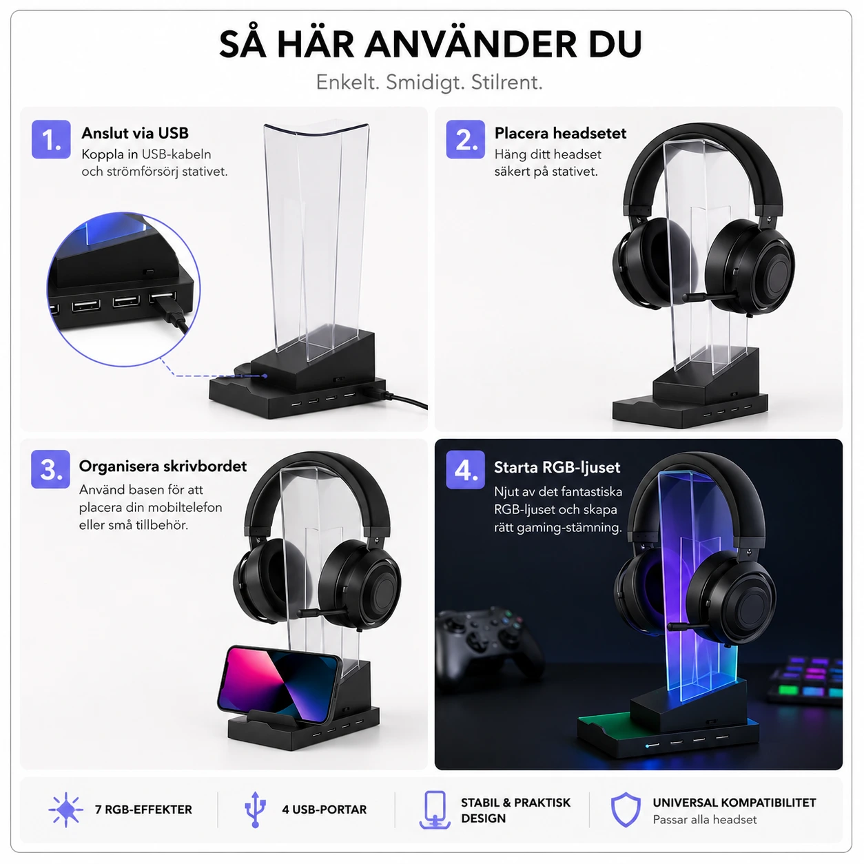 Headsetställ med RGB-Ljus – USB Hörlursställ för Gaming