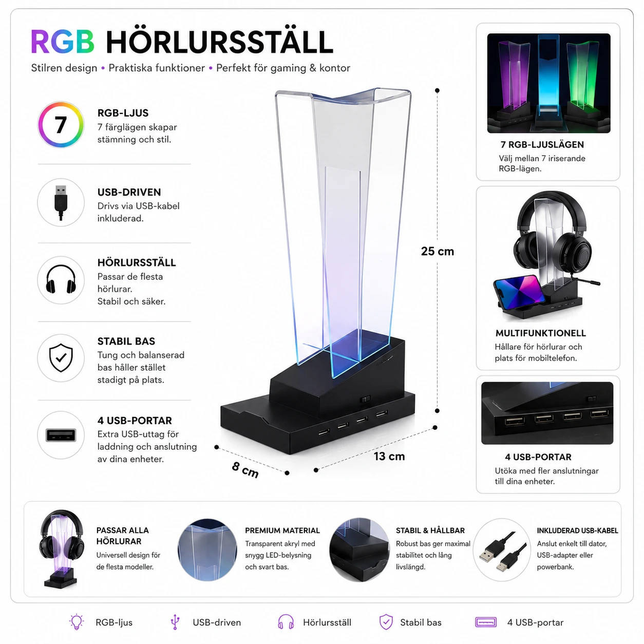 Headsetställ med RGB-Ljus – USB Hörlursställ för Gaming