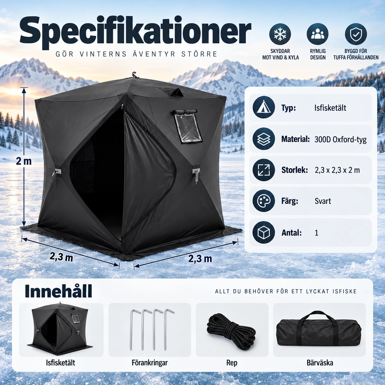 Isfisketält pop up för 3–4 personer, svart