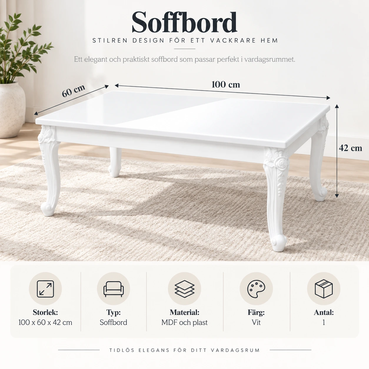 Vitt soffbord för vardagsrum 100 x 60 x 42 cm