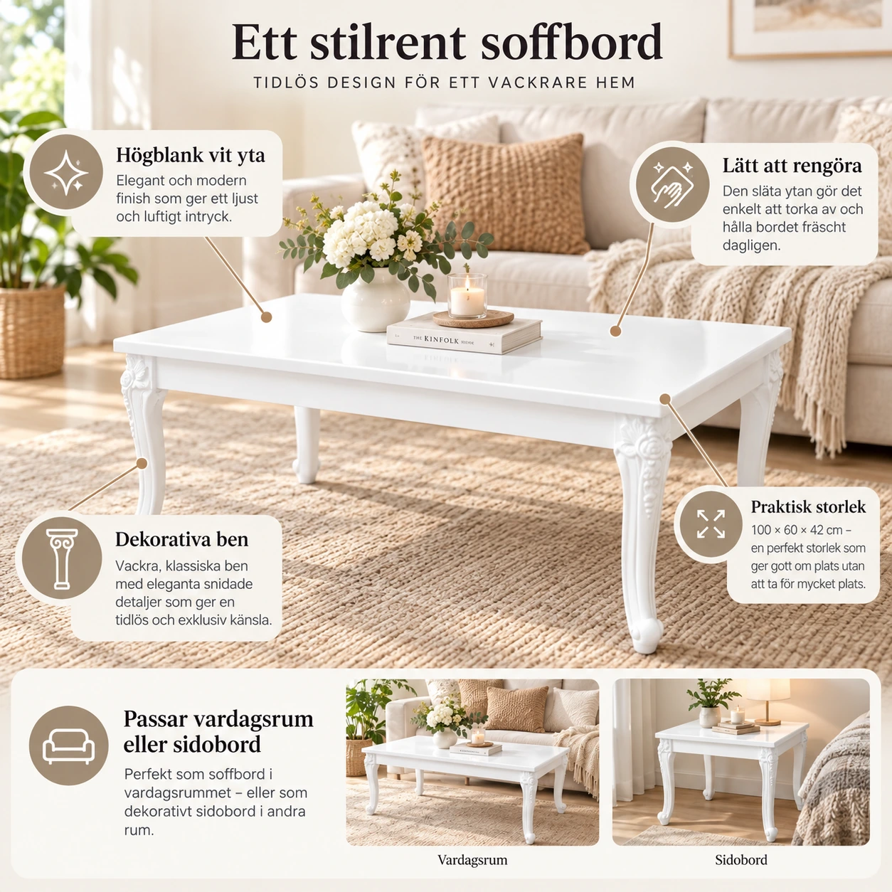 Vitt soffbord för vardagsrum 100 x 60 x 42 cm