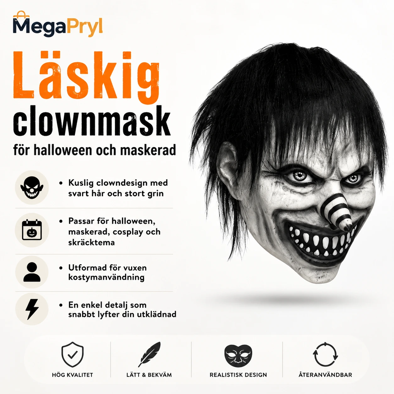 Läskig clownmask för halloween och maskerad