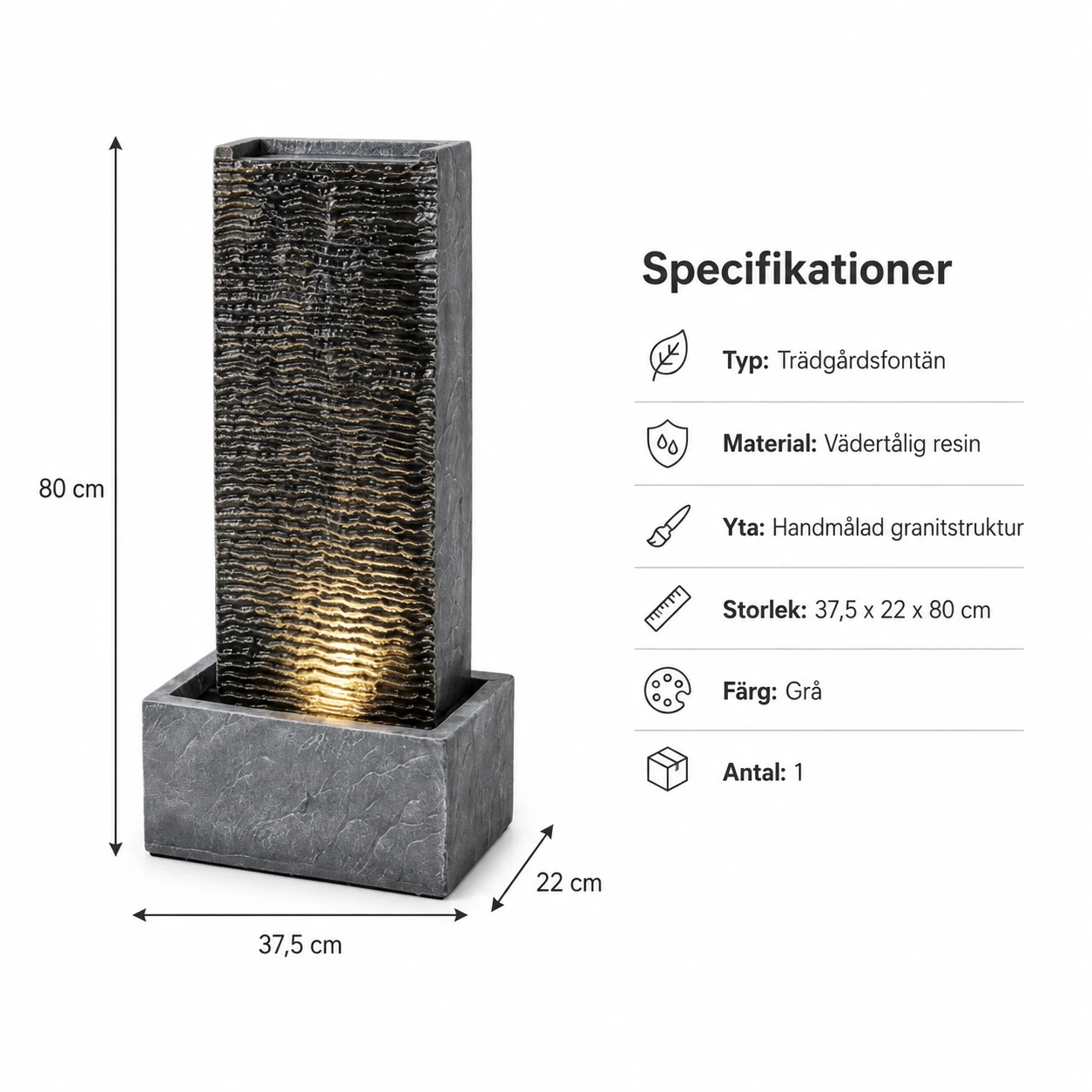 Trädgårdsfontän för uteplats med LED-belysning och pump