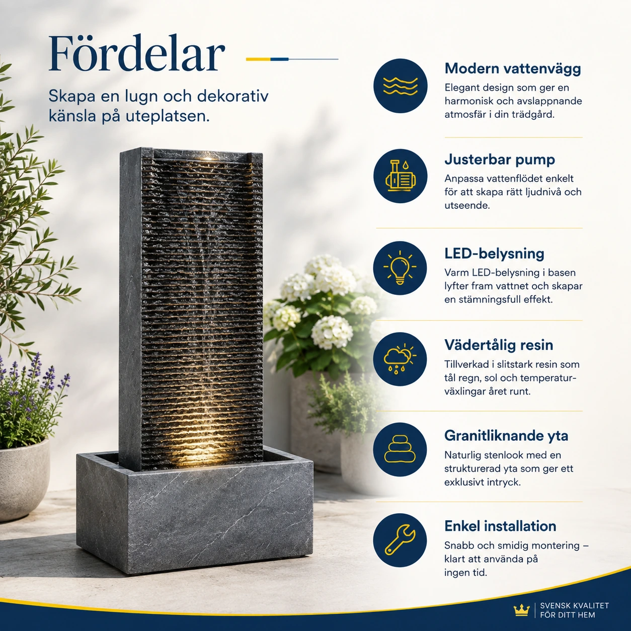 Trädgårdsfontän för uteplats med LED-belysning och pump