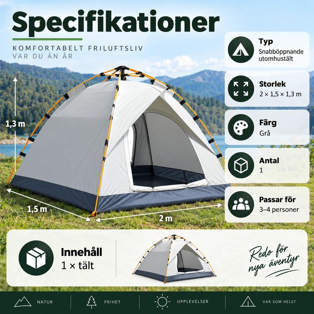 Snabböppnande campingtält för 3–4 personer