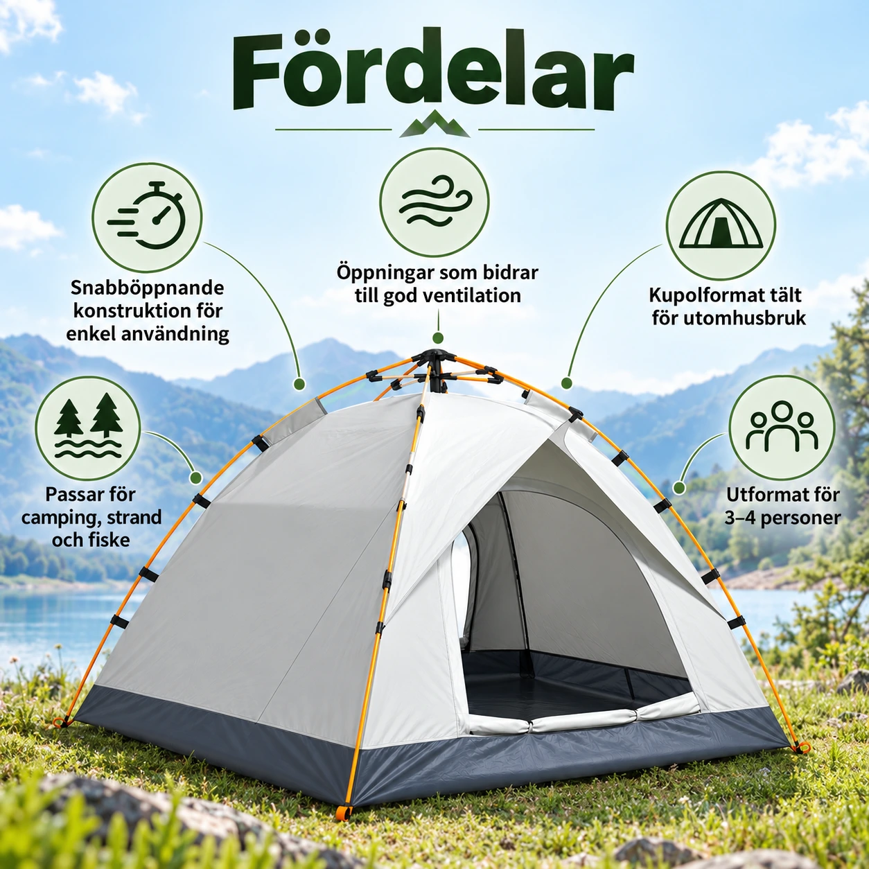 Snabböppnande campingtält för 3–4 personer