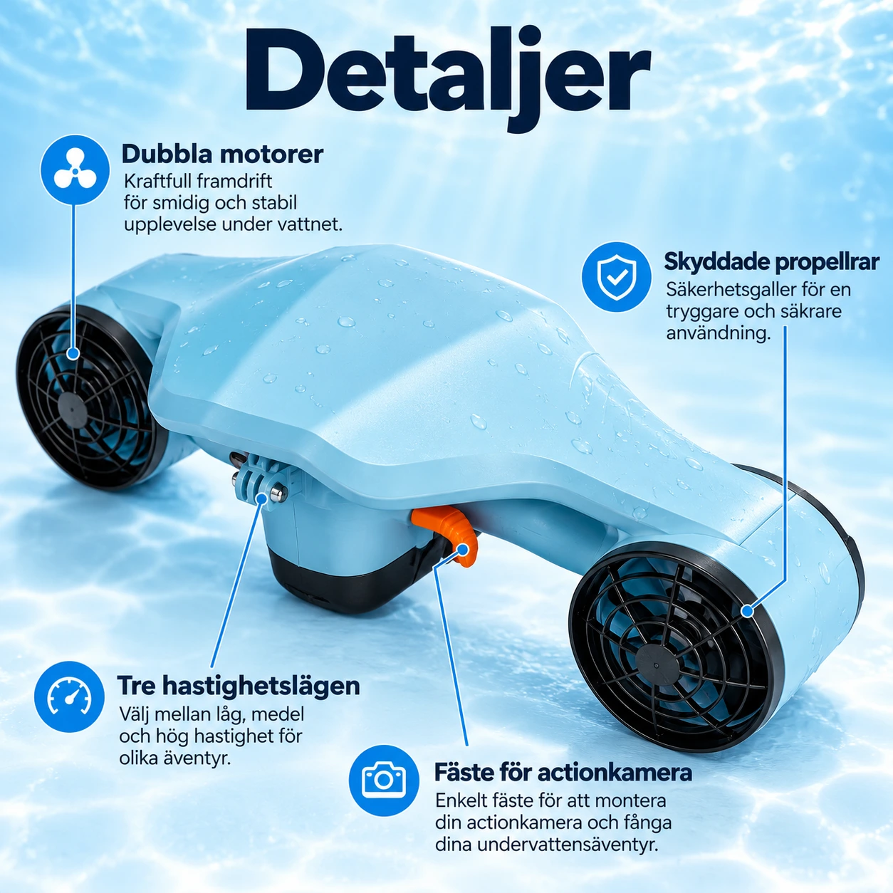Undervattensskoter för snorkling och dykning, 40 m