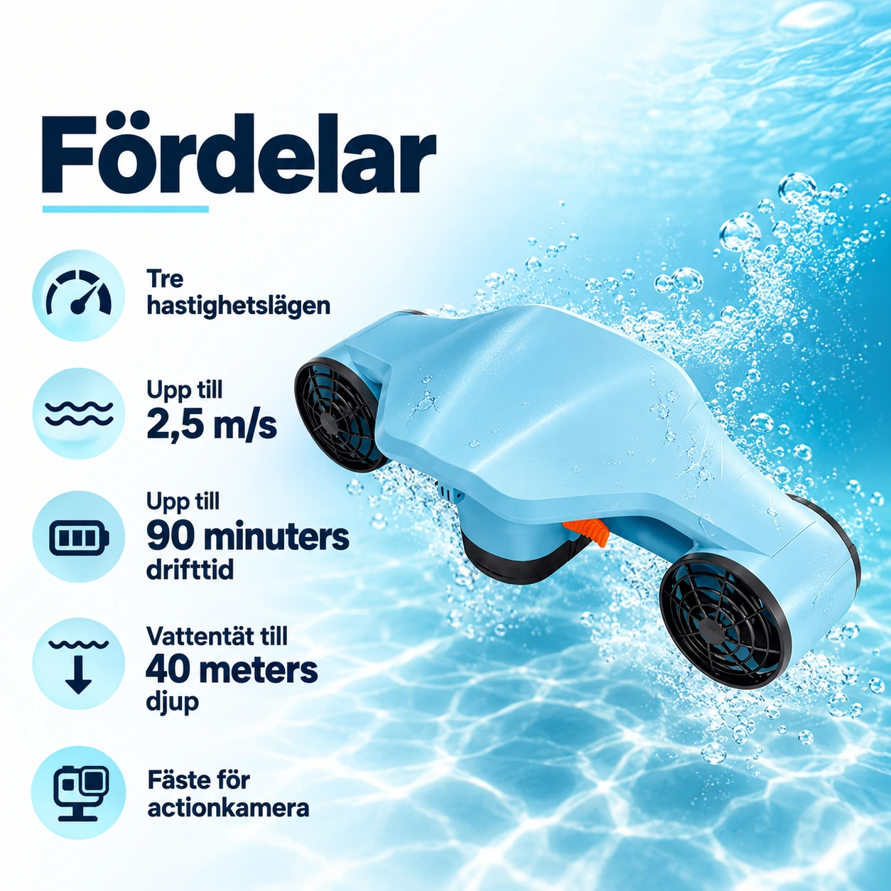 Undervattensskoter för snorkling och dykning, 40 m