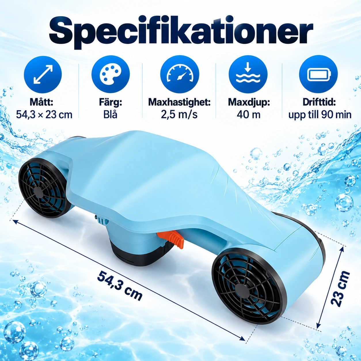 Undervattensskoter för snorkling och dykning, 40 m