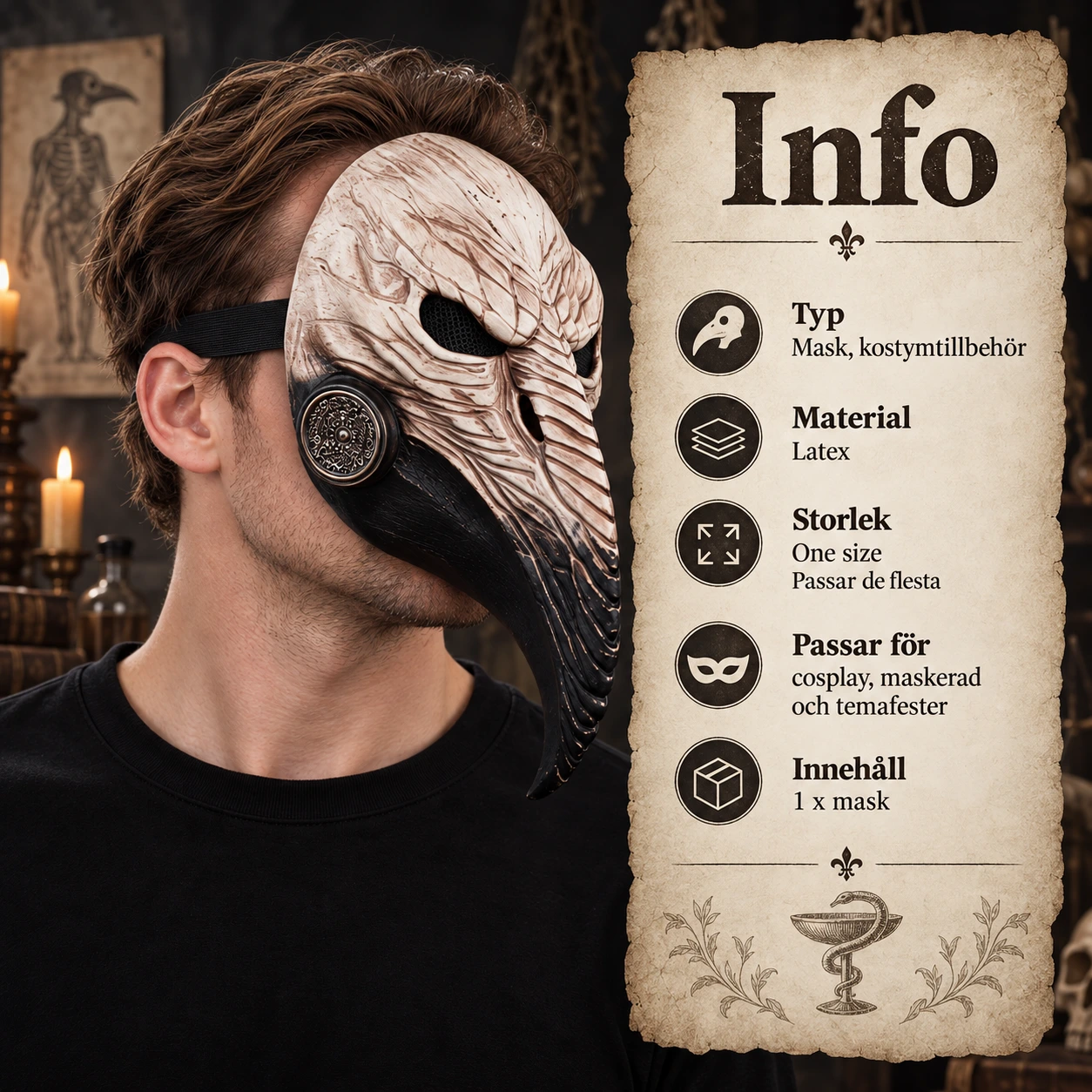 Mask pestläkare i latex med lång näbb