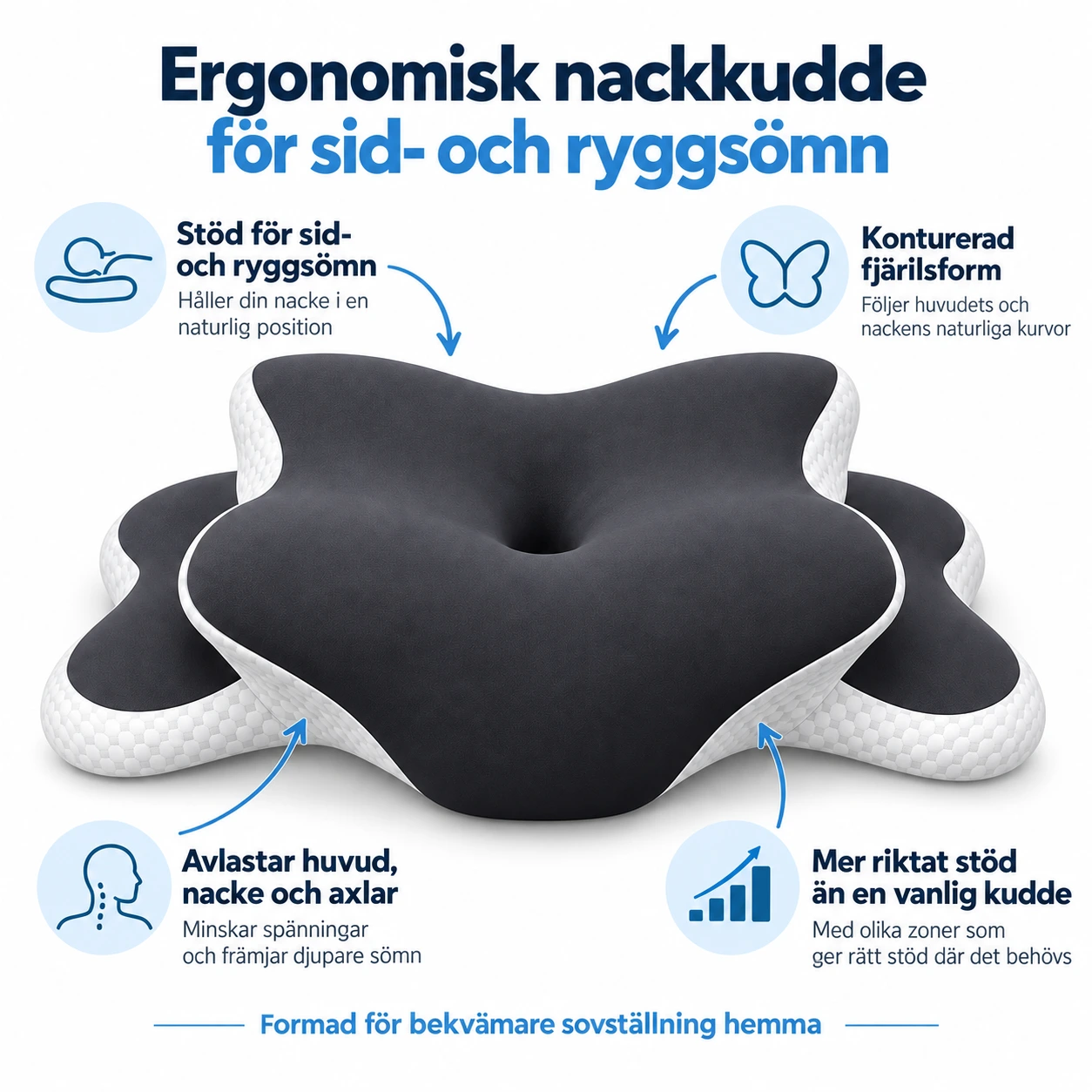 Ergonomisk nackkudde för sid- och ryggsömn