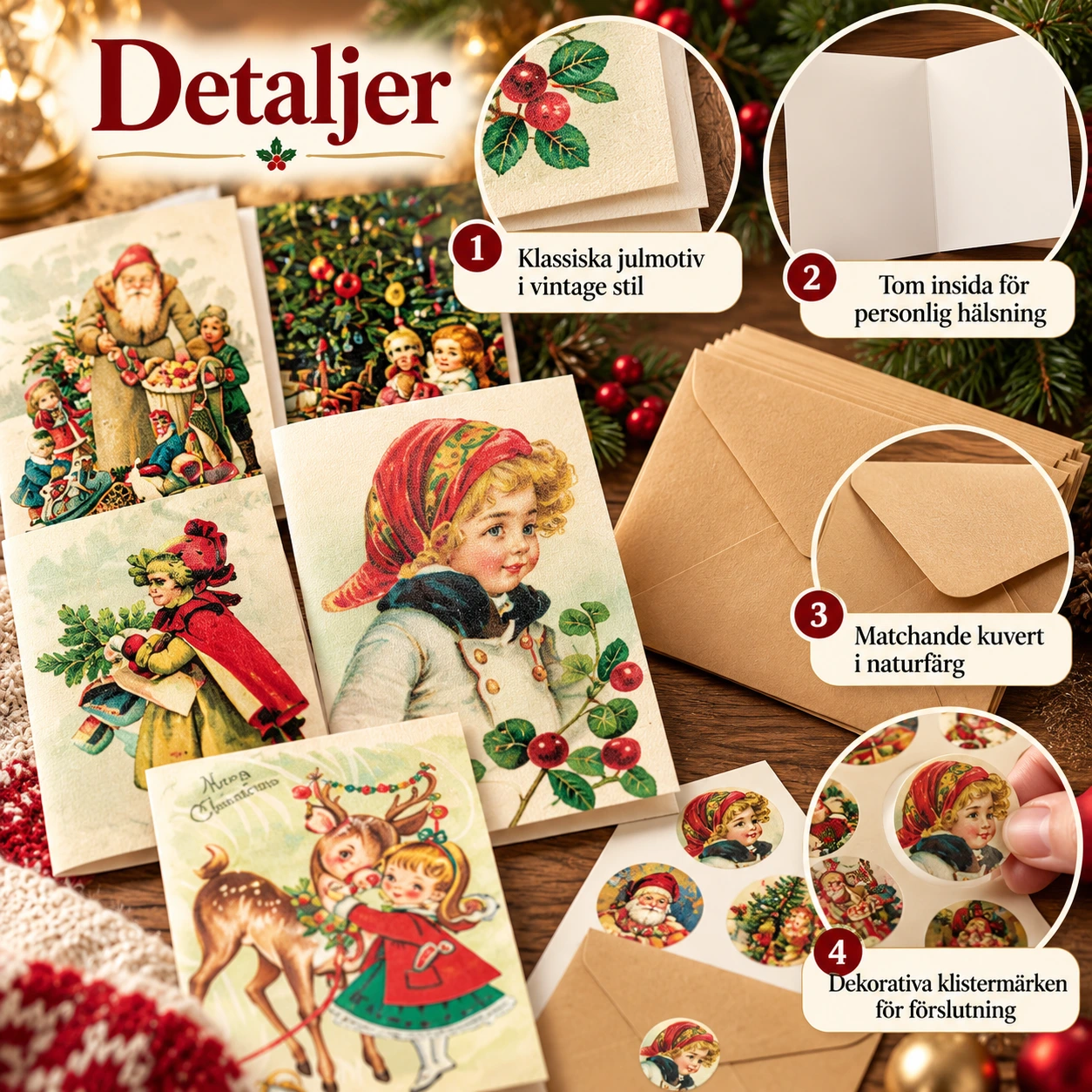 Julkort med kuvert i vintage stil, 12 set