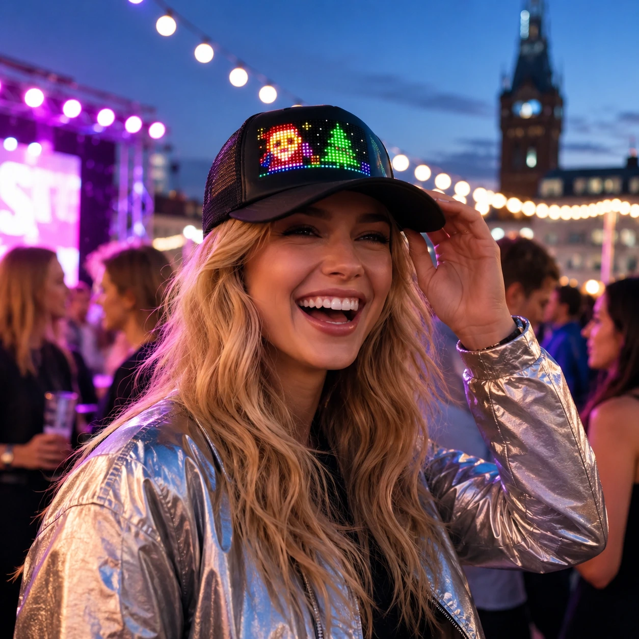 LED-keps med appstyrd display och uppladdningsbar panel