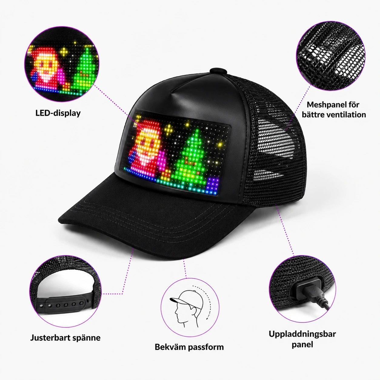 LED-keps med appstyrd display och uppladdningsbar panel