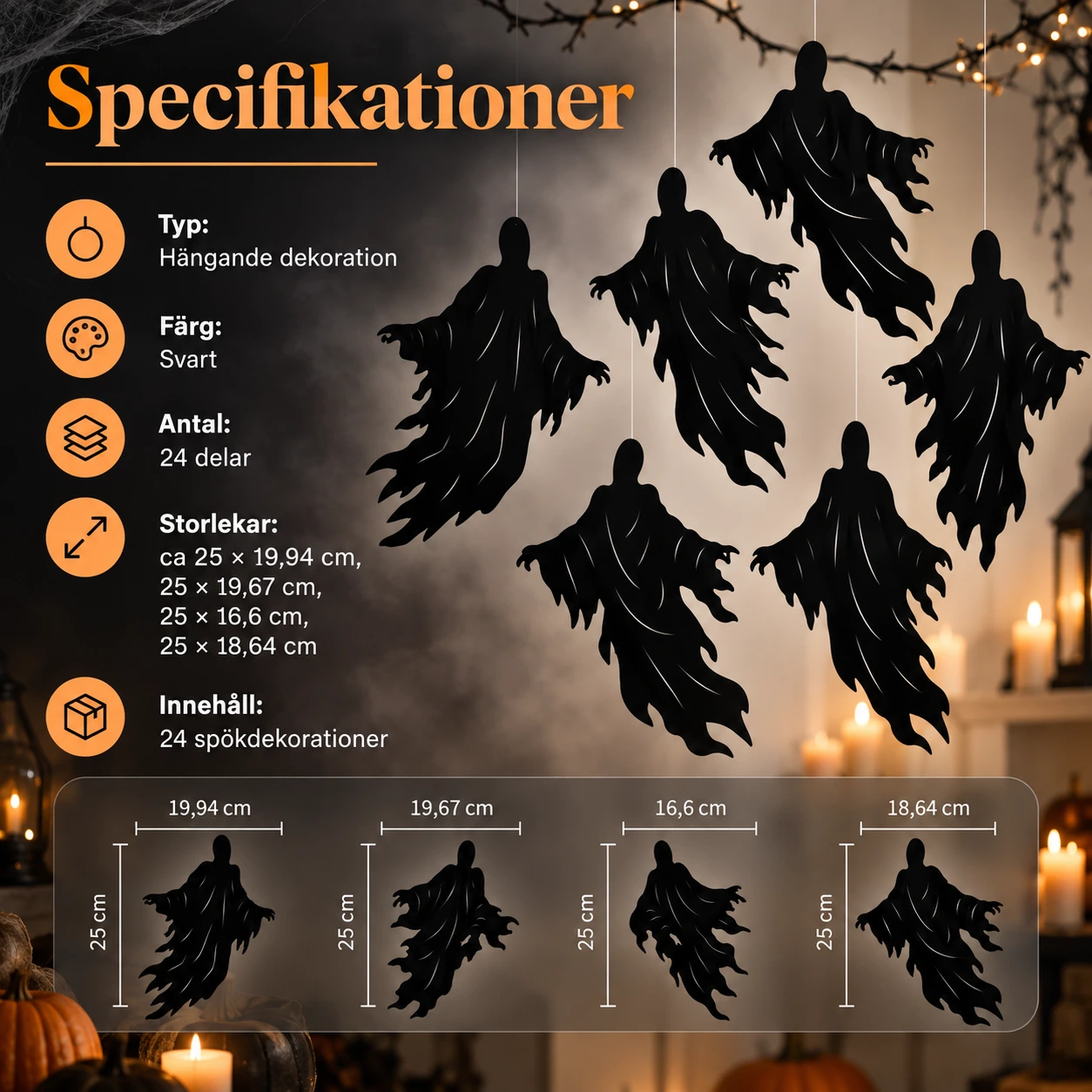 Spökdekoration att hänga i tak eller fönster, svart