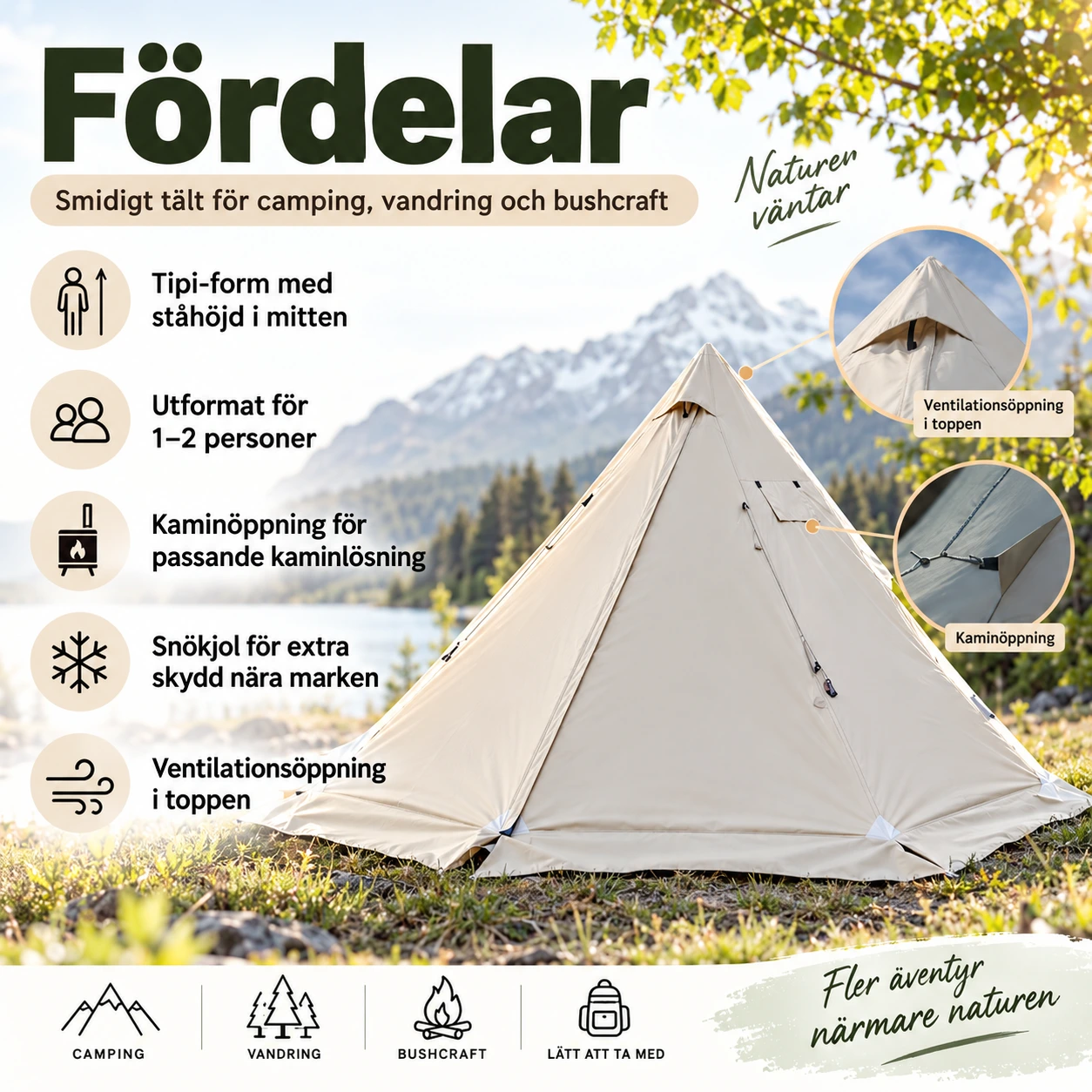 Tälttipi för 1–2 personer med kaminöppning