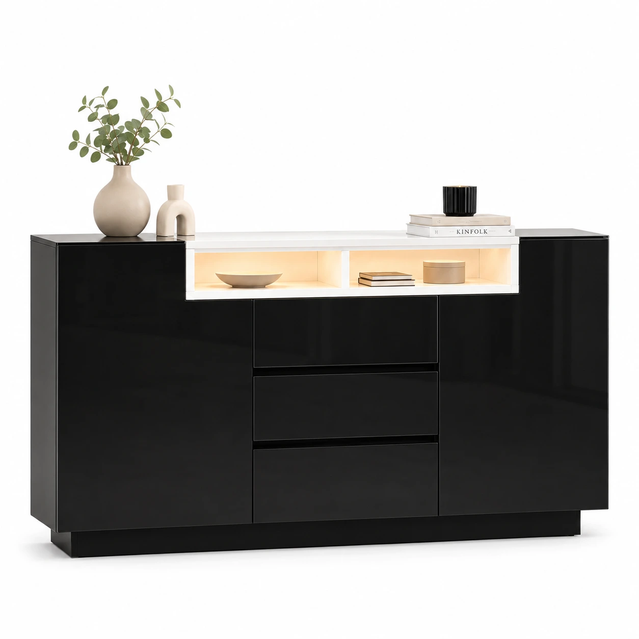 Sideboard med LED-belysning och 3 lådor, 140 cm