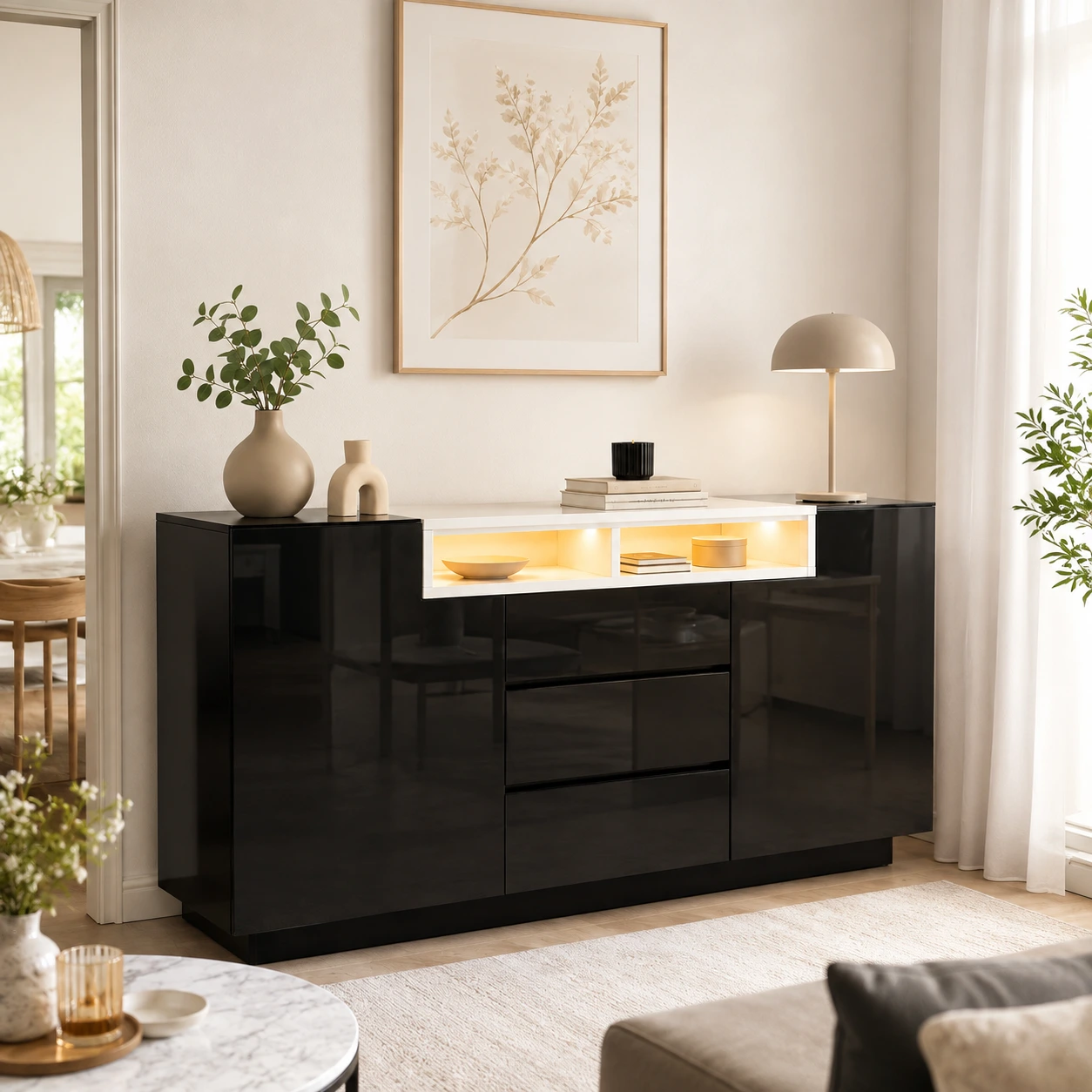 Sideboard med LED-belysning och 3 lådor, 140 cm
