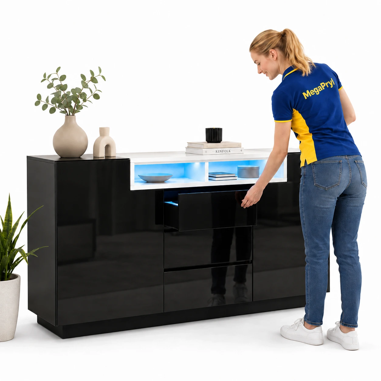 Sideboard med LED-belysning och 3 lådor, 140 cm