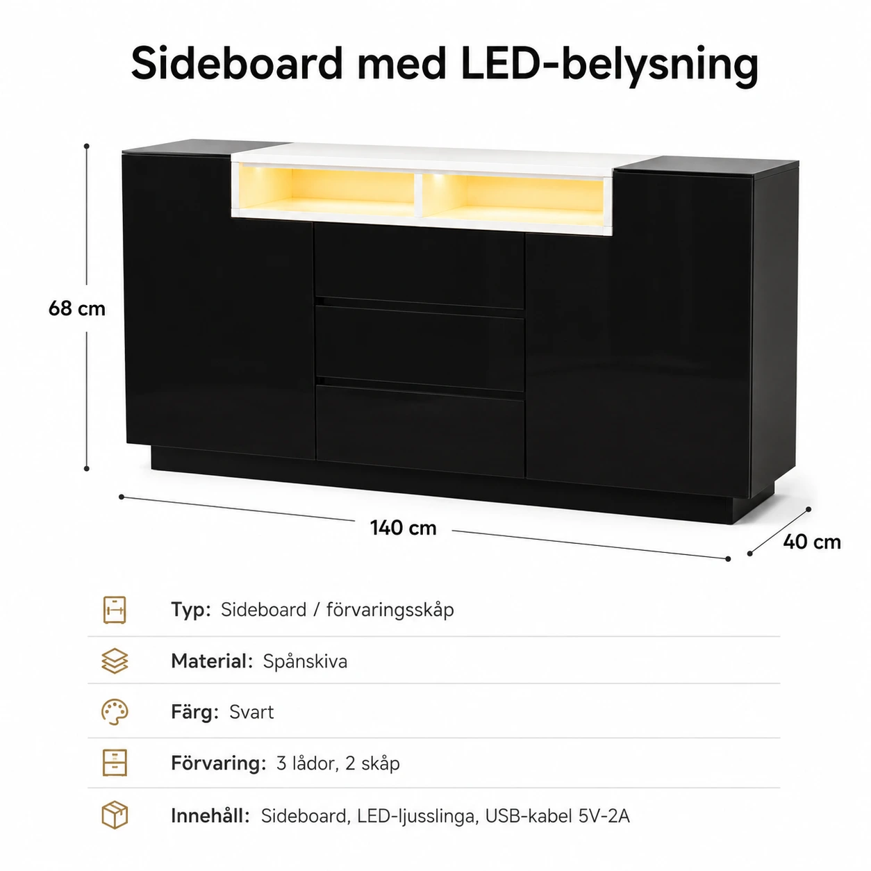 Sideboard med LED-belysning och 3 lådor, 140 cm