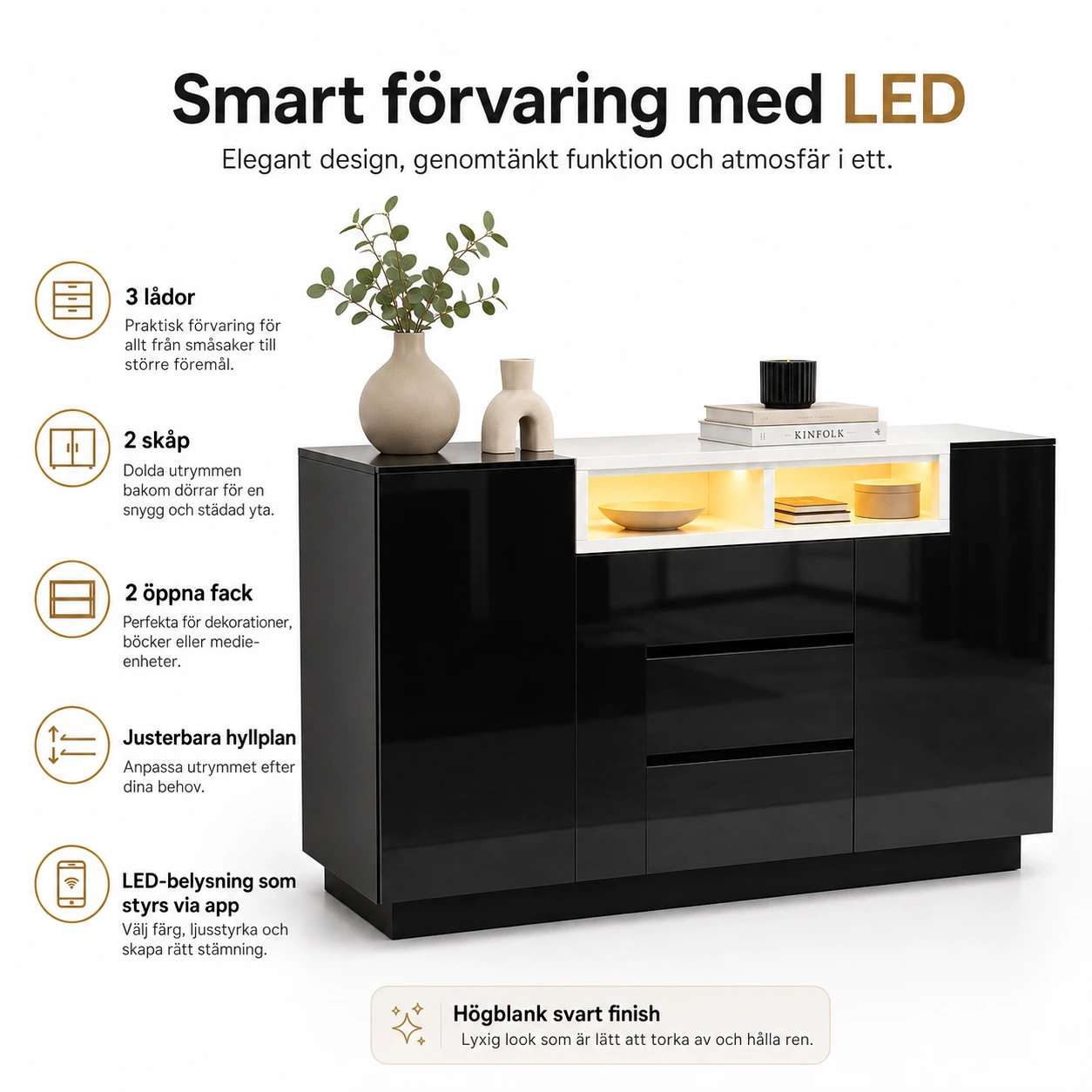 Sideboard med LED-belysning och 3 lådor, 140 cm