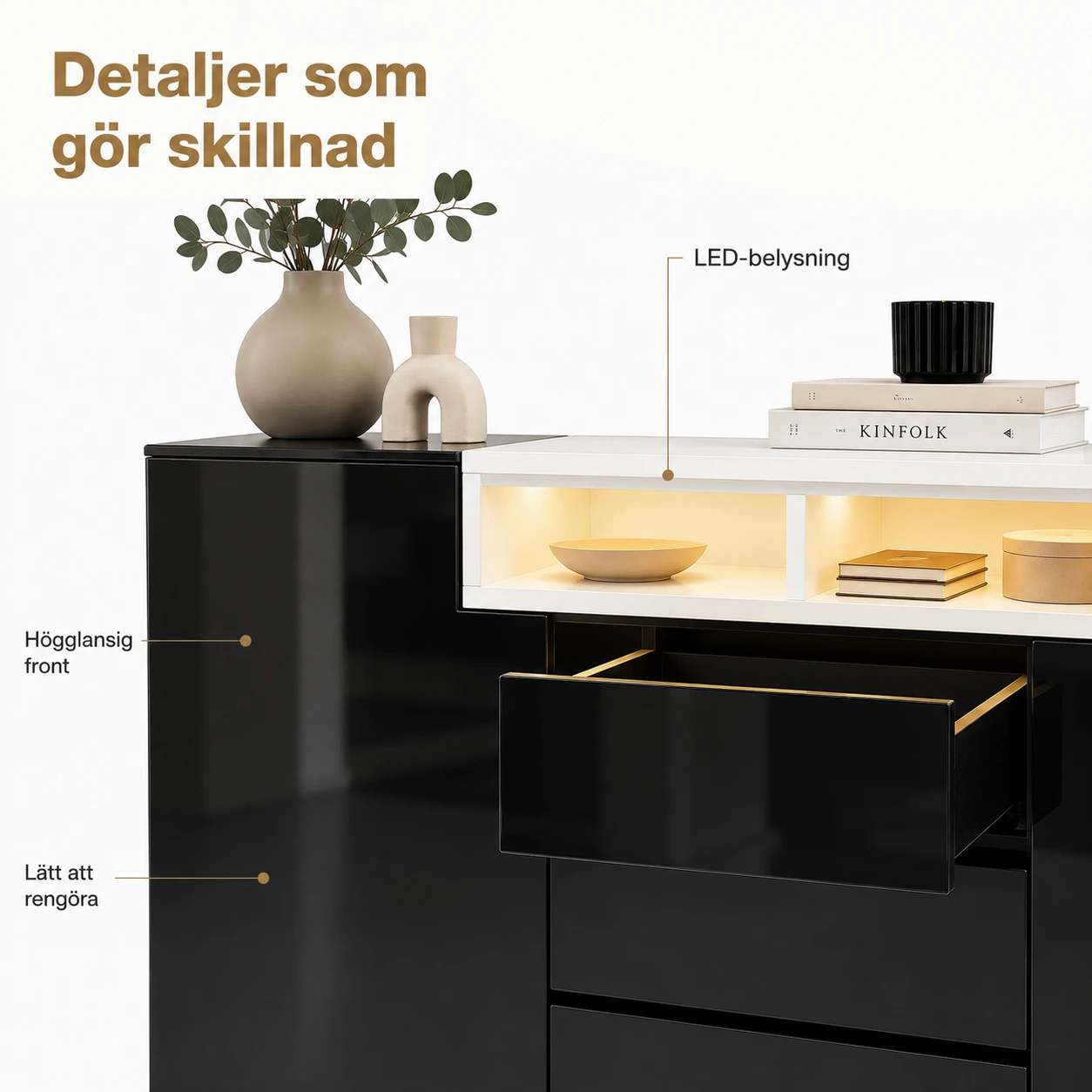 Sideboard med LED-belysning och 3 lådor, 140 cm
