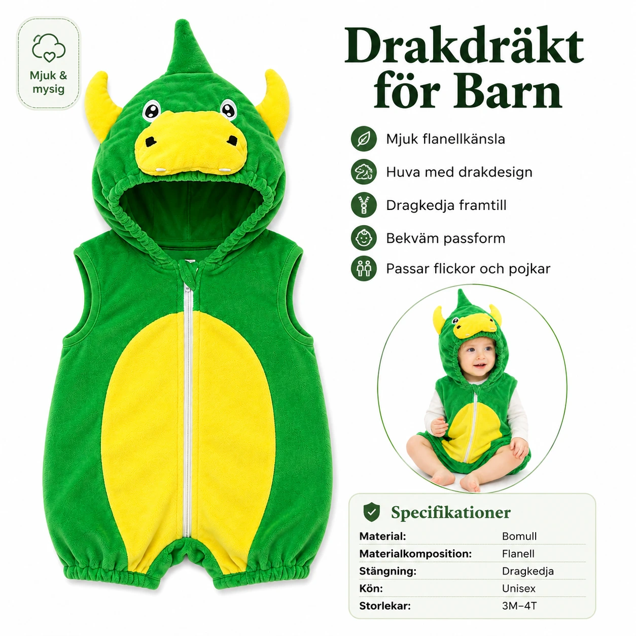 Drakdräkt för Baby – Grön Romper med Huva