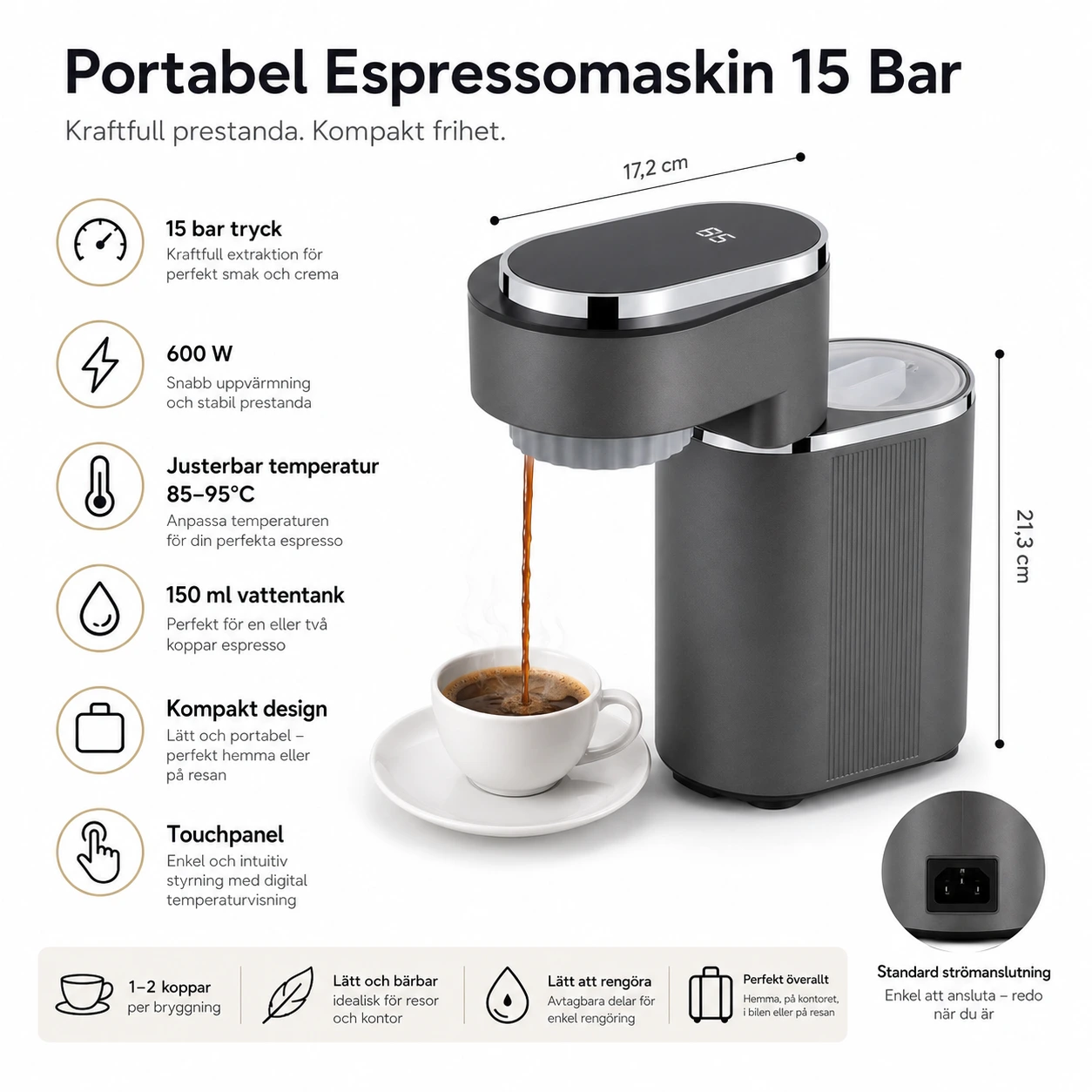 Portabel Espressomaskin 15 Bar 150 ml – Mini Kaffemaskin för Resa