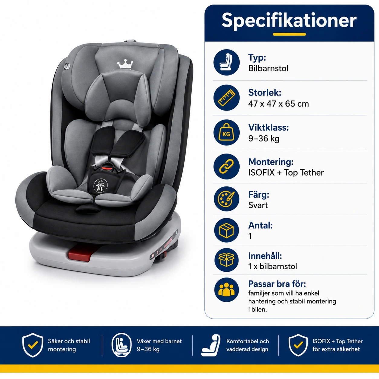 Bilbarnstol med ISOFIX och 360° rotation 9–36 kg