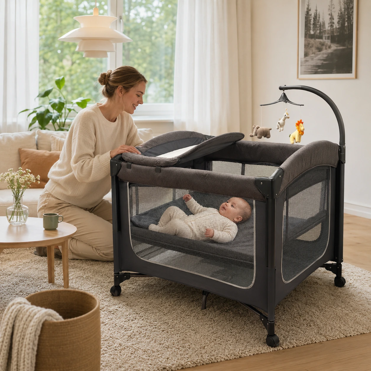 Resesäng för baby med skötbord och hopfällbar design